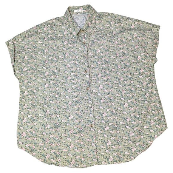 ht Tops - Floral Button-Up Shirt XXL Green & Pink Short Sleeve 100% Cotton
